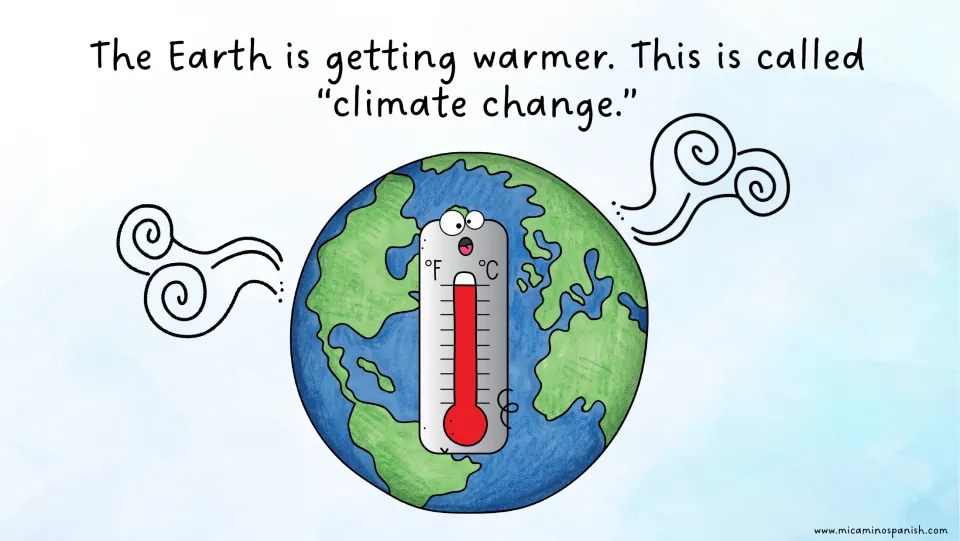 English climate page in the bilingual story says Earth is getting warmer and calls this 'climate change.'