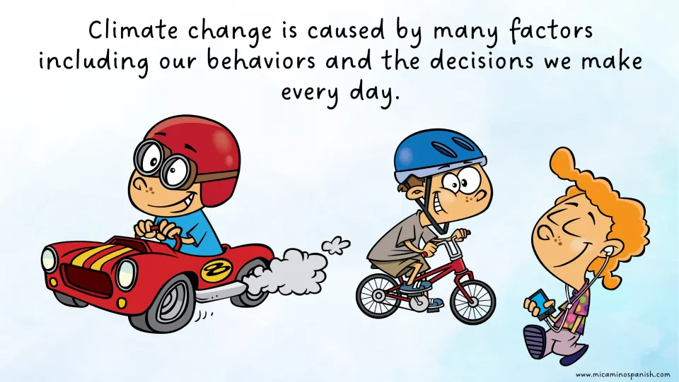 English story page links climate change to daily behaviors and decisions, showing driving, biking, and walking.