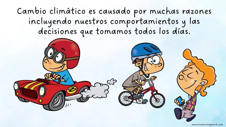 Spanish story page links climate change to 'comportamientos' (behaviors) and decisions made every day.