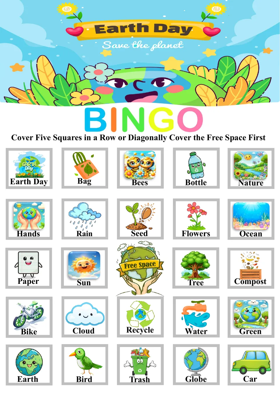Earth Day bingo card: students cover picture words such as Bag, Bees, Bottle and Nature to get five squares in a row