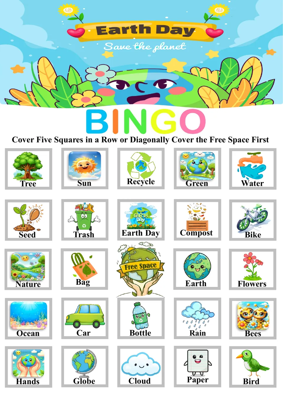 Earth Day bingo card starting Tree, Sun, Recycle, Green, Water; students match called eco words to pictures and cover them