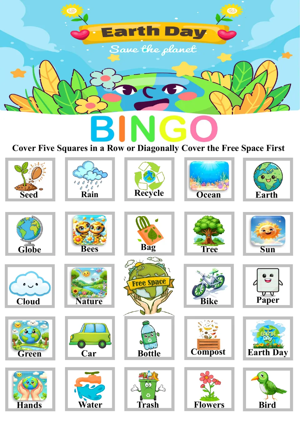 Earth Day bingo card led by Seed, Rain, Recycle, Ocean and Earth; students cover five labeled pictures in a row to win