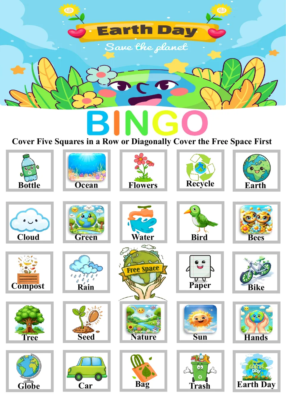Earth Day bingo card opening with Bottle, Ocean, Flowers, Recycle and Earth; students cover squares across or diagonally