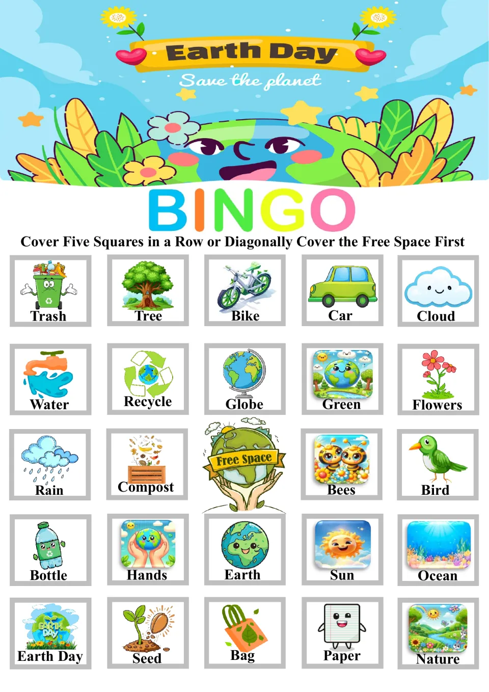 Earth Day bingo card beginning Trash, Tree, Bike, Car and Cloud; students listen for each nature word and cover its picture