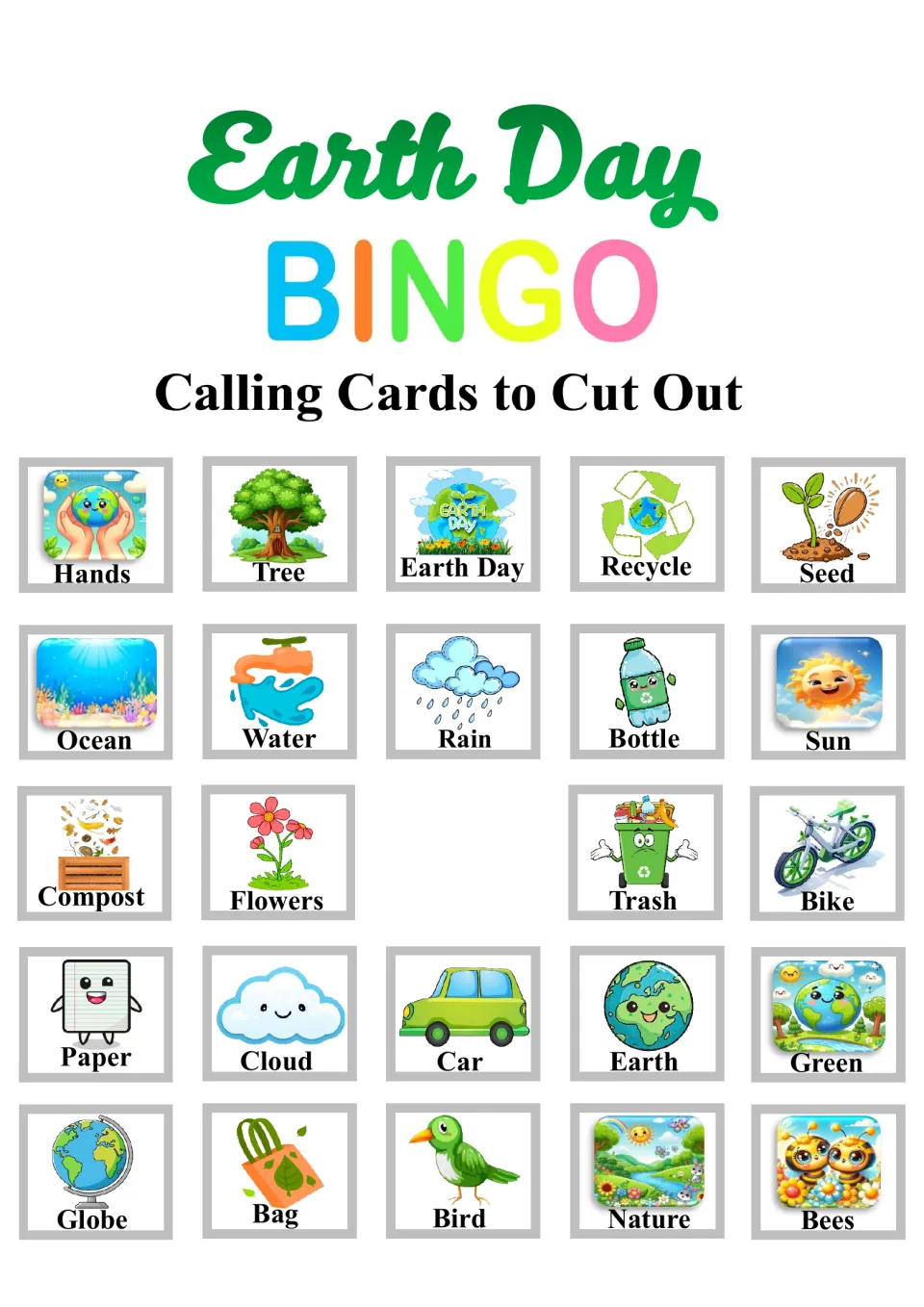Earth Day bingo calling cards to cut out: 24 picture word cards including Hands, Tree, Recycle, Seed, Ocean and Compost