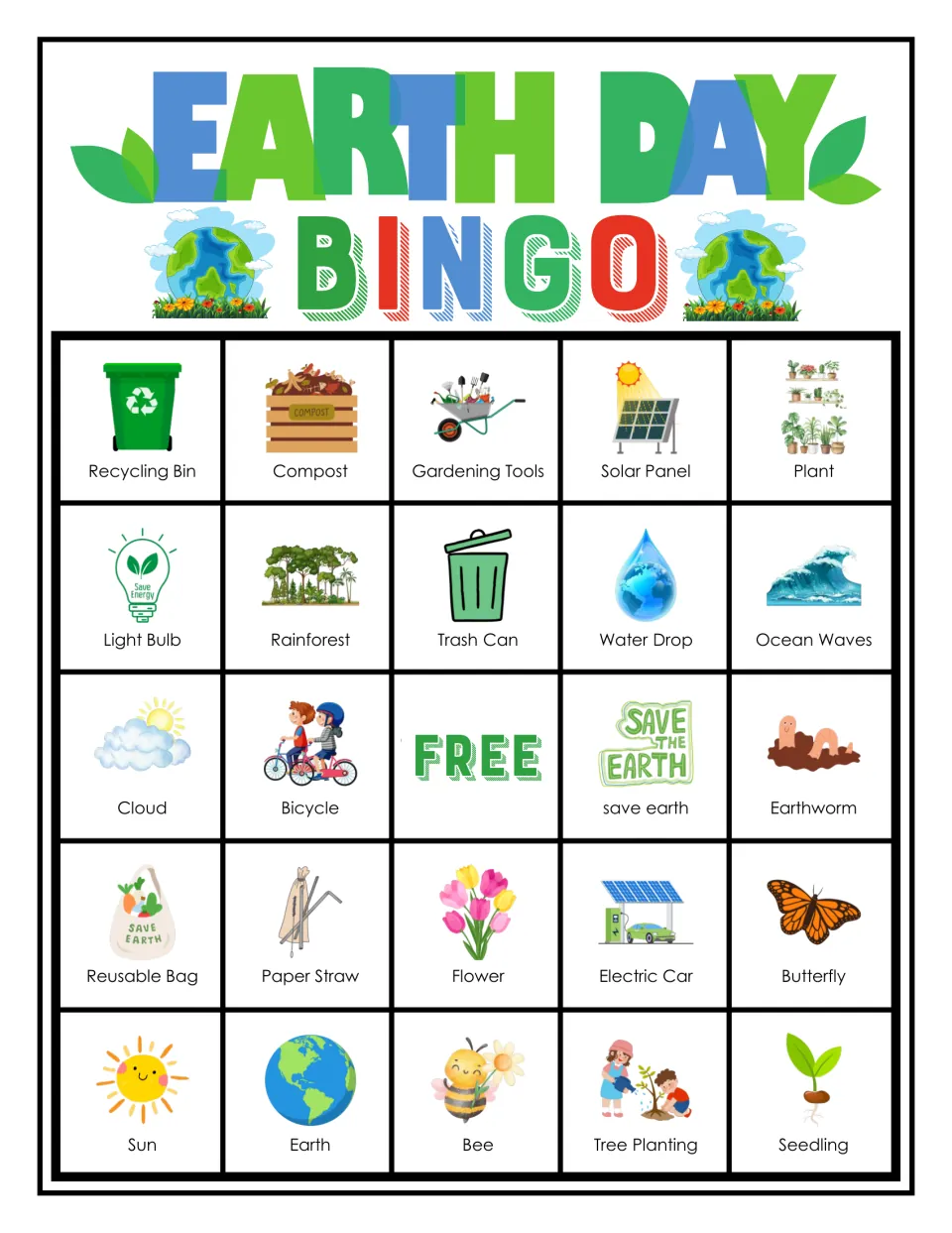 Earth Day bingo card: students mark picture words, top row Recycling Bin, Compost, Gardening Tools, Solar Panel, Plant