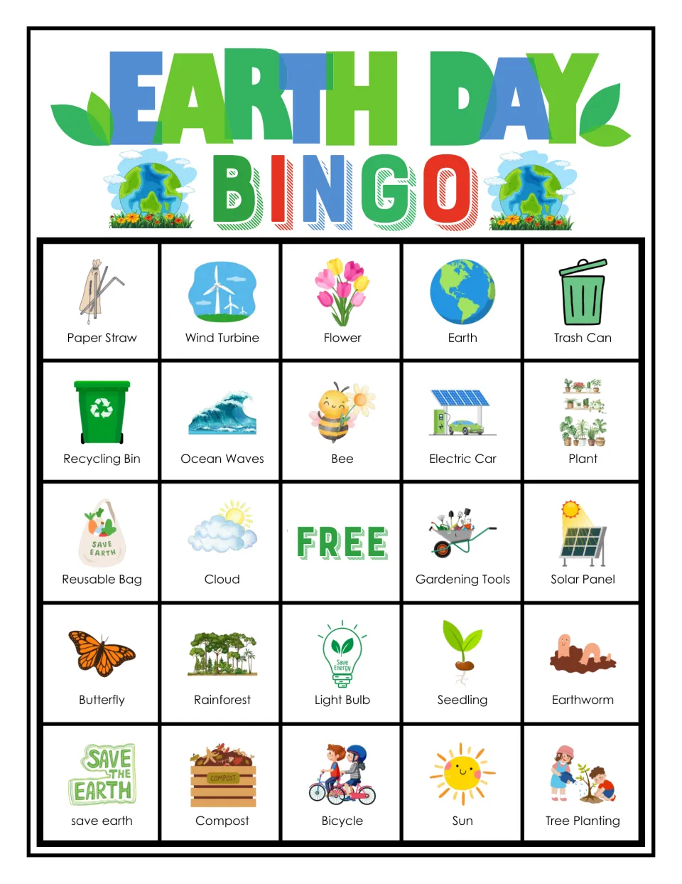 Earth Day bingo card for eco vocabulary: top row Paper Straw, Wind Turbine, Flower, Earth, Trash Can, with a FREE center