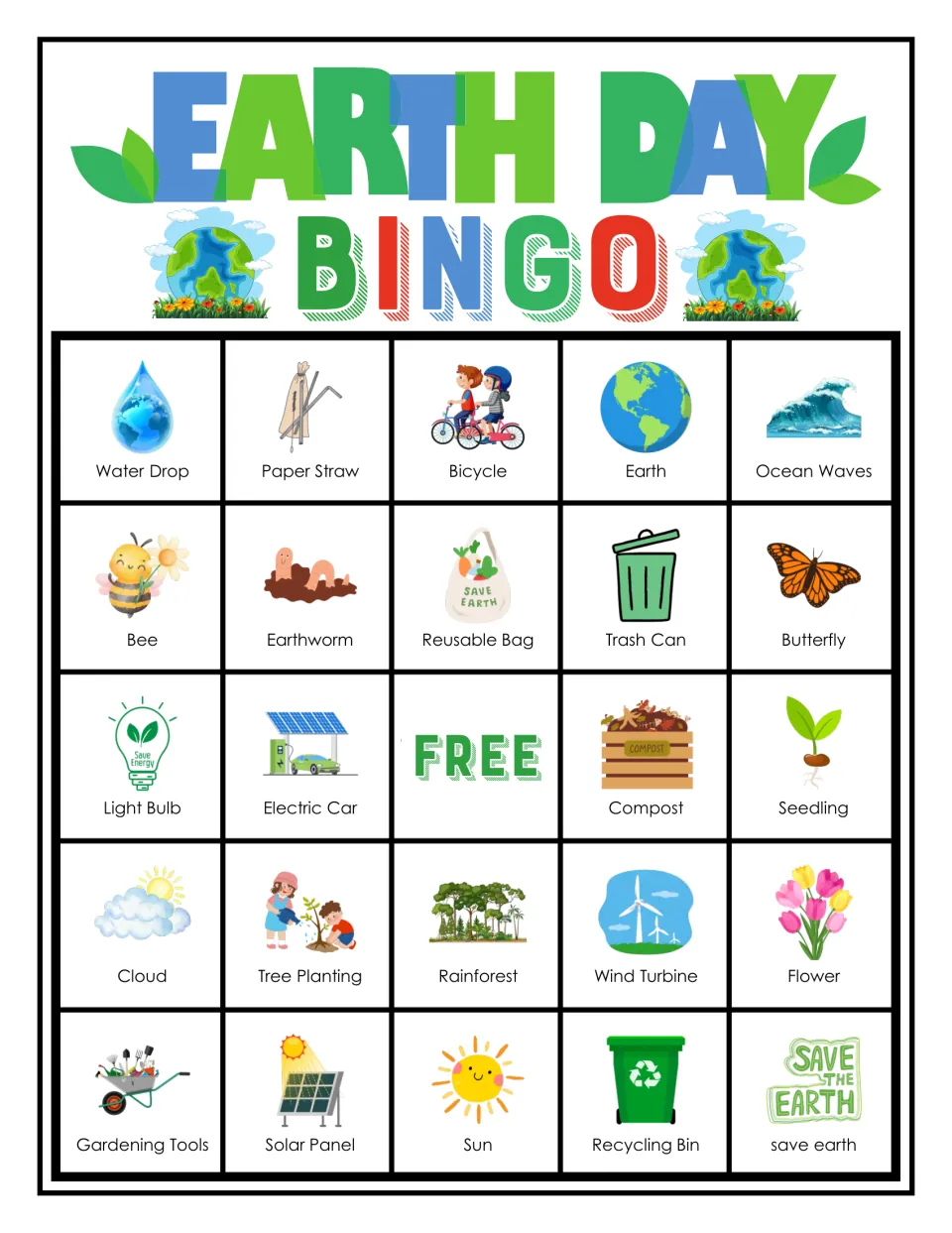 Earth Day bingo card: students match called eco words, top row Water Drop, Paper Straw, Bicycle, Earth, Ocean Waves