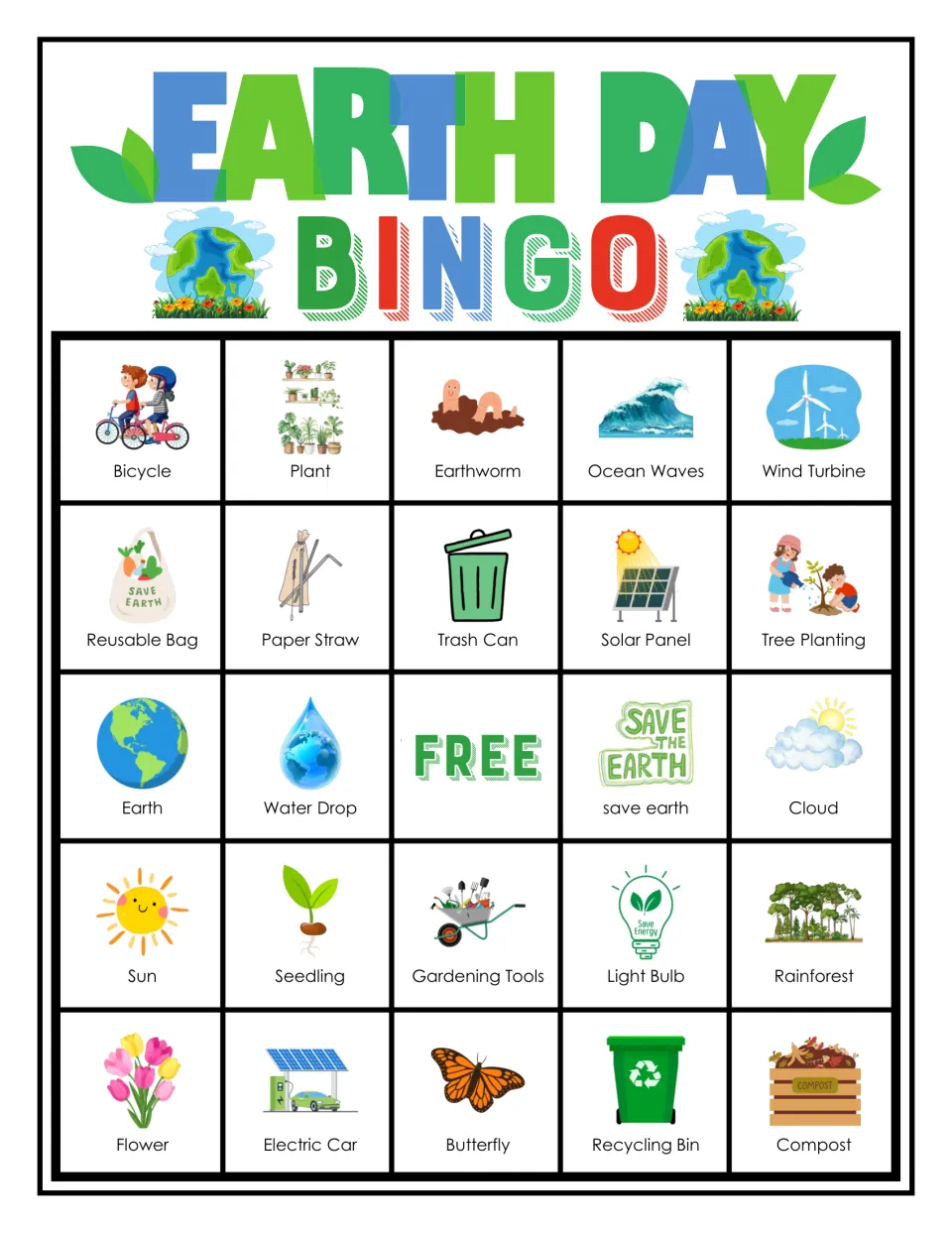 Earth Day bingo card with labeled pictures, top row Bicycle, Plant, Earthworm, Ocean Waves, Wind Turbine, plus FREE space