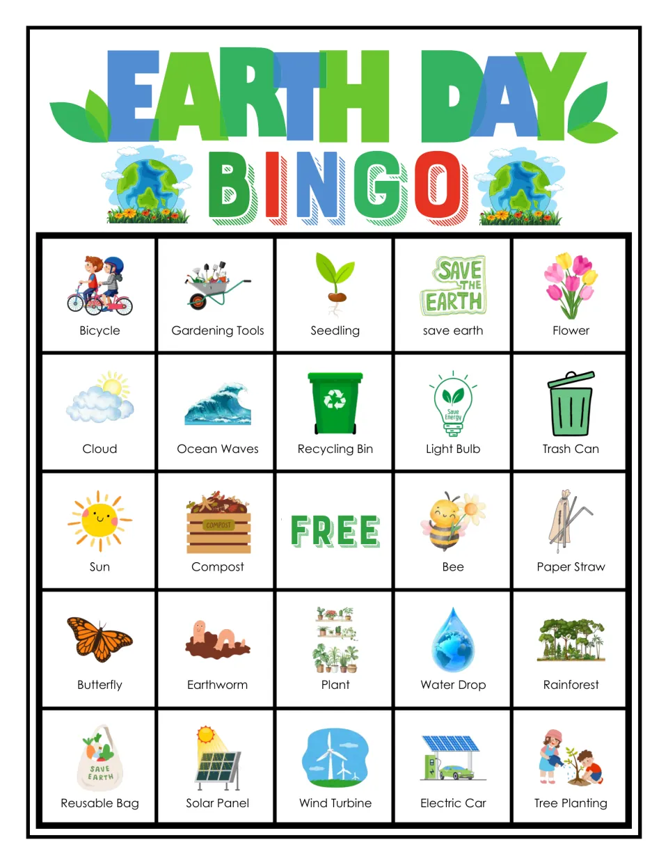 Earth Day bingo card: picture-word recognition, top row Bicycle, Gardening Tools, Seedling, save earth, Flower
