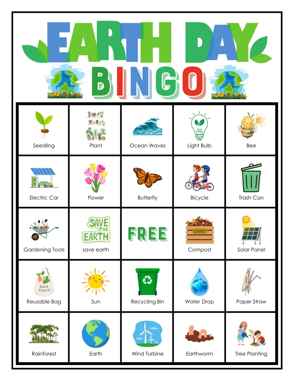Earth Day bingo card of 24 eco pictures and FREE space, top row Seedling, Plant, Ocean Waves, Light Bulb, Bee