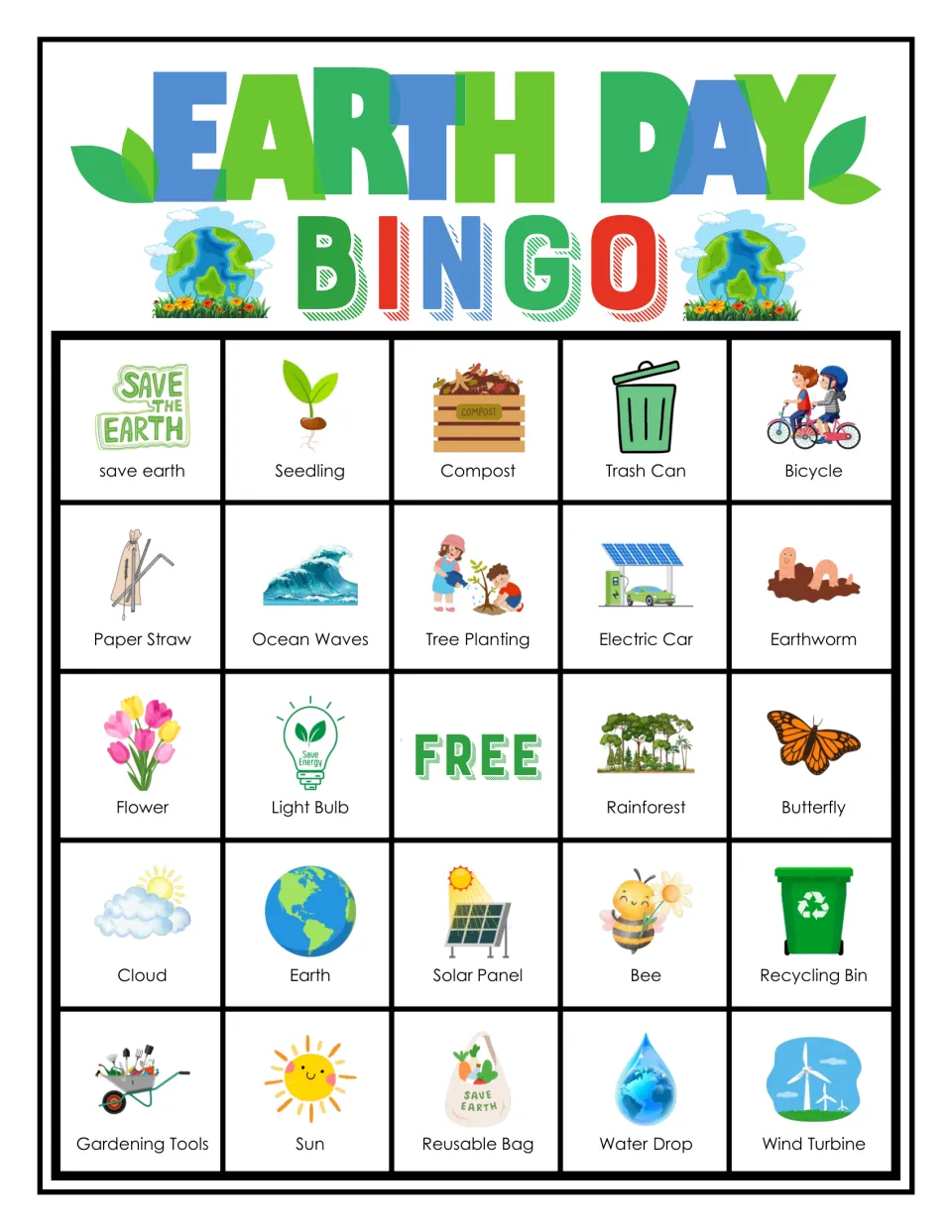 Earth Day bingo card for spotting eco words, top row save earth, Seedling, Compost, Trash Can, Bicycle, with FREE center