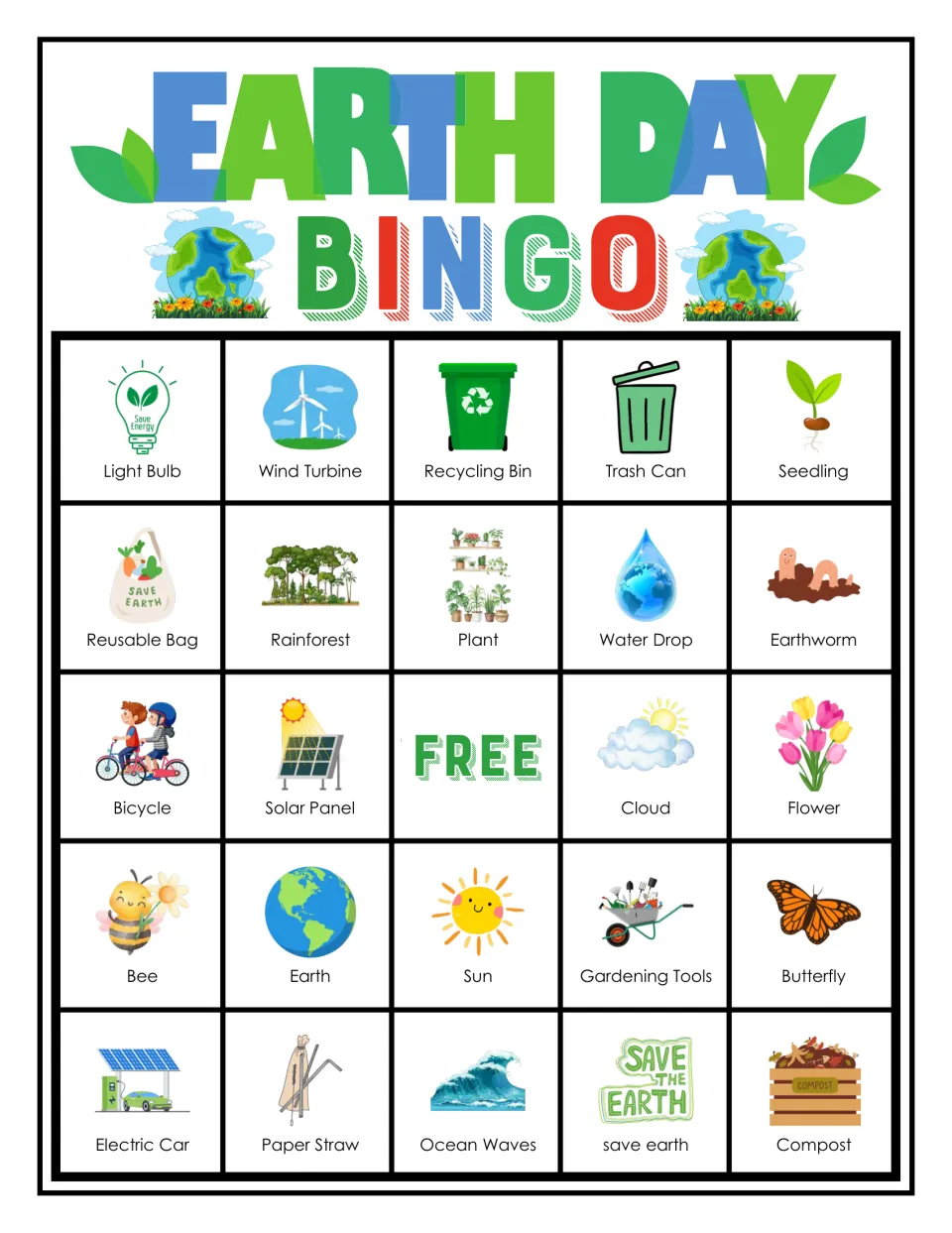 Earth Day bingo card: students mark matching pictures, top row Light Bulb, Wind Turbine, Recycling Bin, Trash Can, Seedling