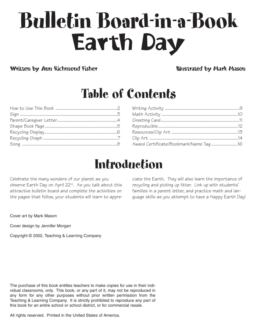Earth Day title page with author and illustrator credits, a table of contents from setup to awards, and an introduction