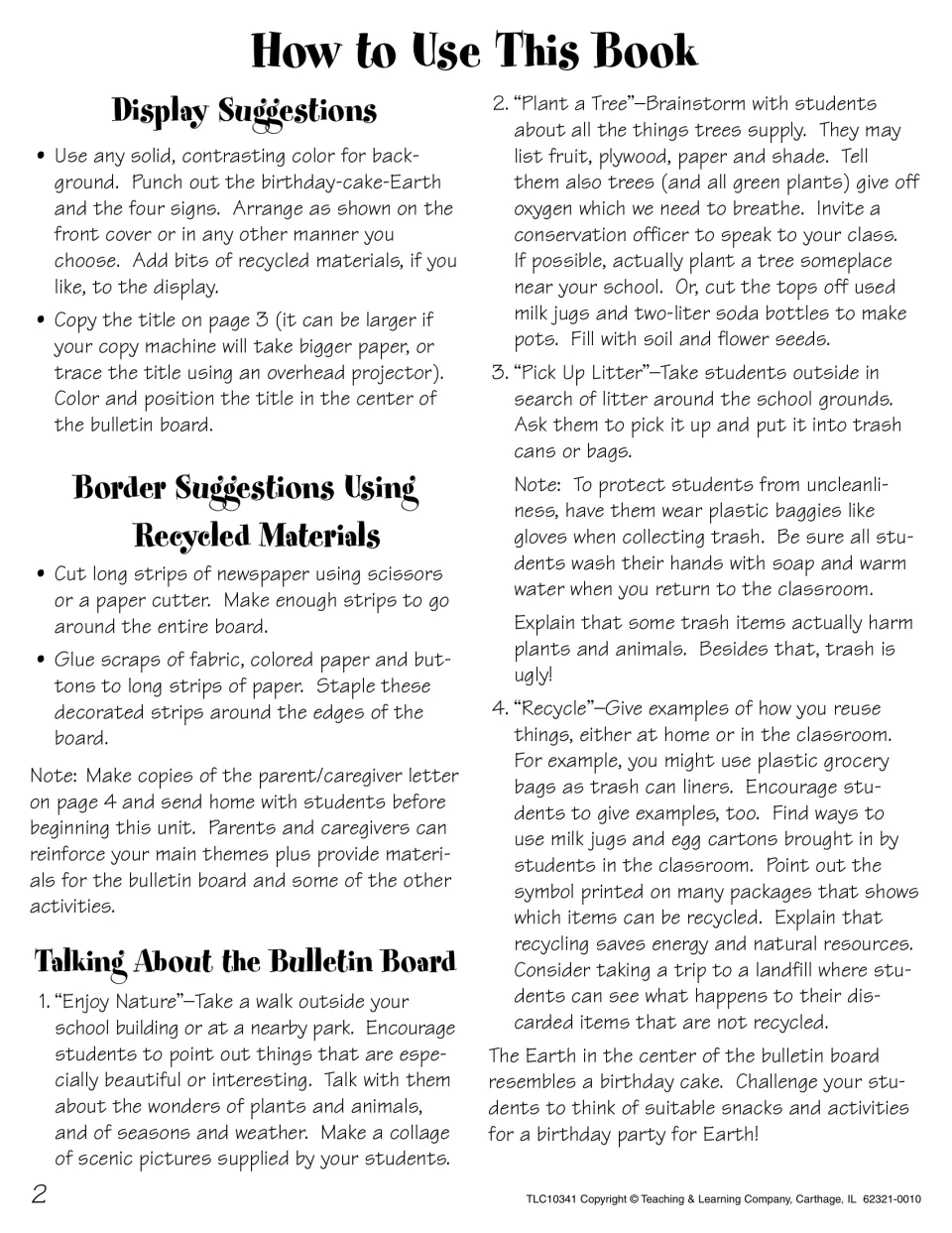 Teacher guide to the display: setup, recycled-material borders, talks on nature, trees, litter and recycling
