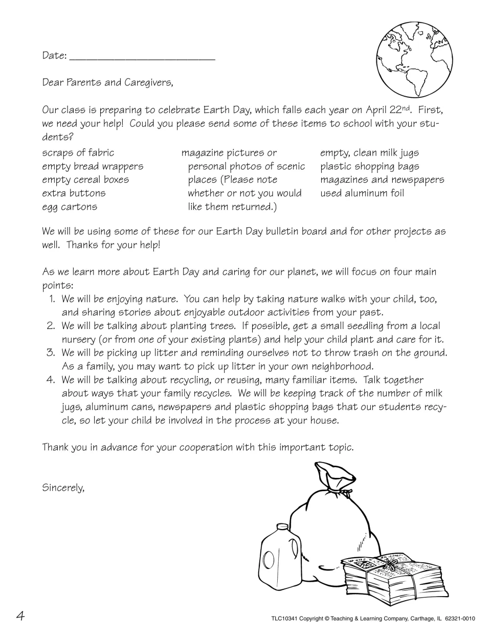 Earth Day parent letter requesting recyclables like milk jugs and egg cartons and listing four focus points for home