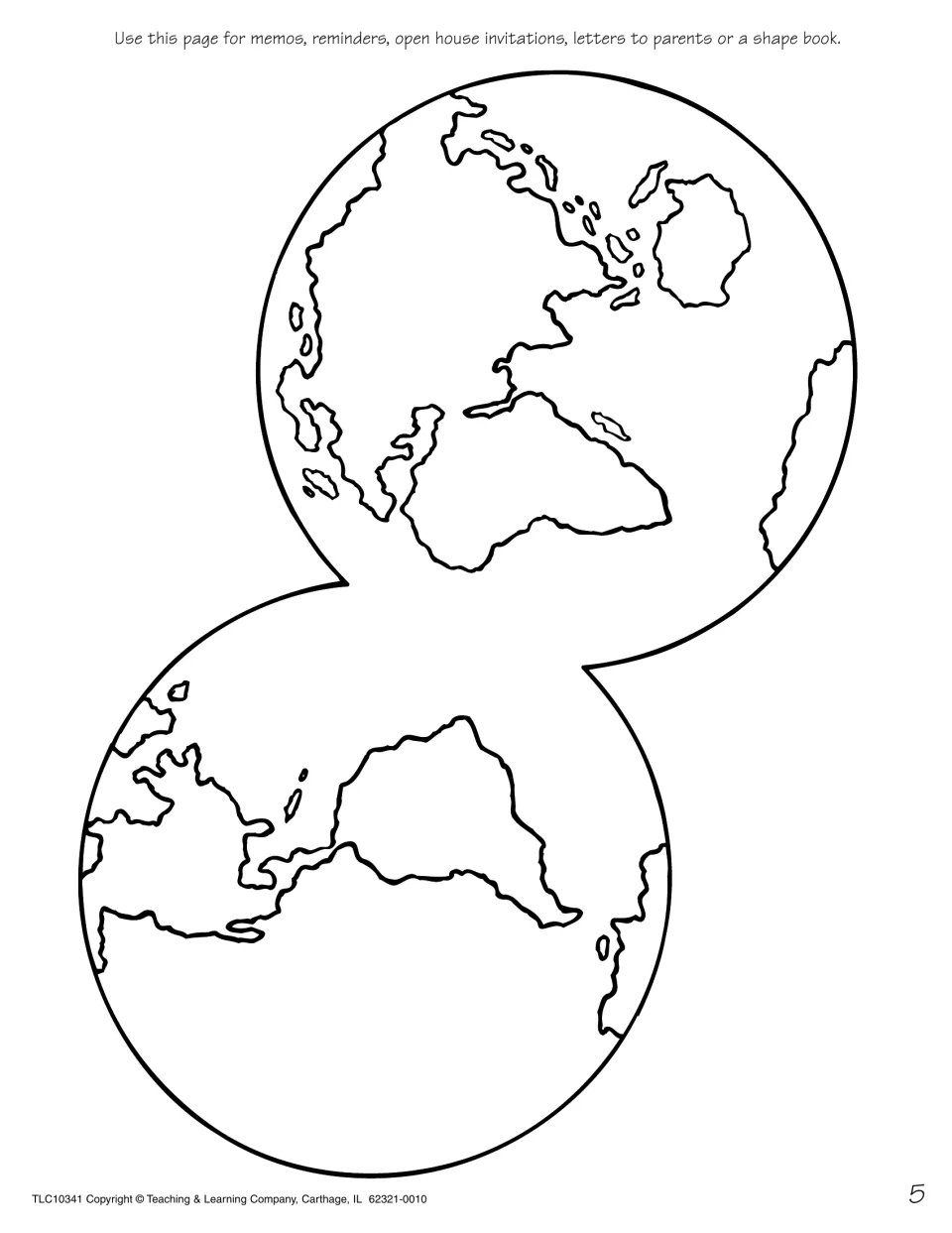 Earth stationery: two linked globe outlines as a blank template for memos, invitations, parent letters or a shape book