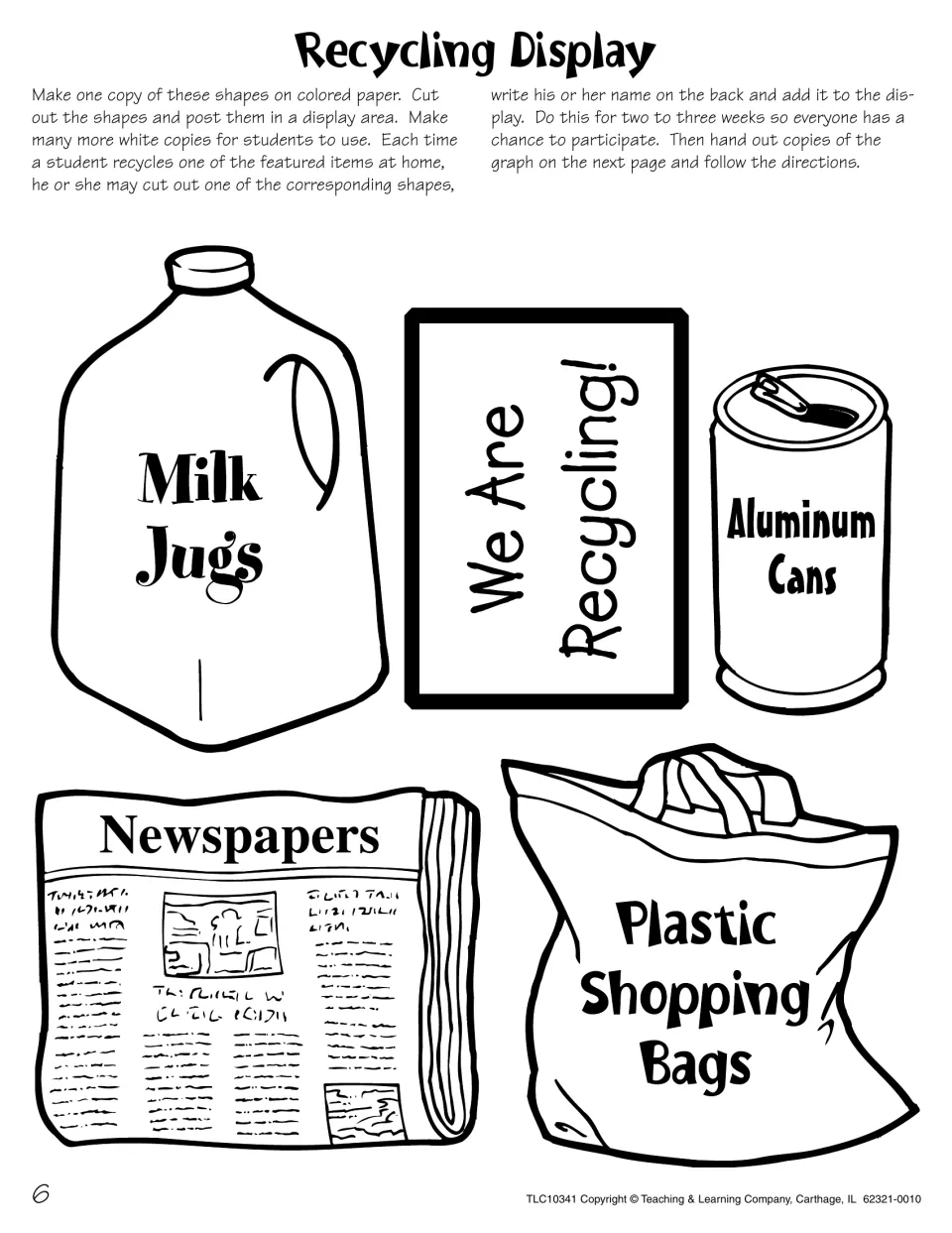 Recycling display cut-outs: milk jug, aluminum can, newspaper and plastic bag shapes plus a We Are Recycling! sign