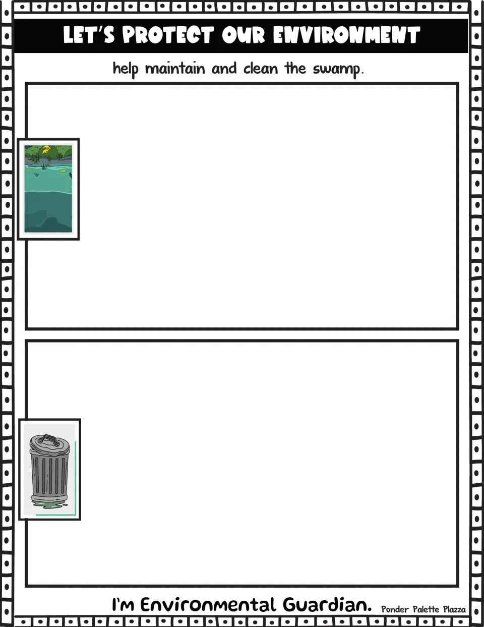 Swamp cleanup sorting mat: “Let’s protect our environment,” with swamp and trash can pictures for sorting.