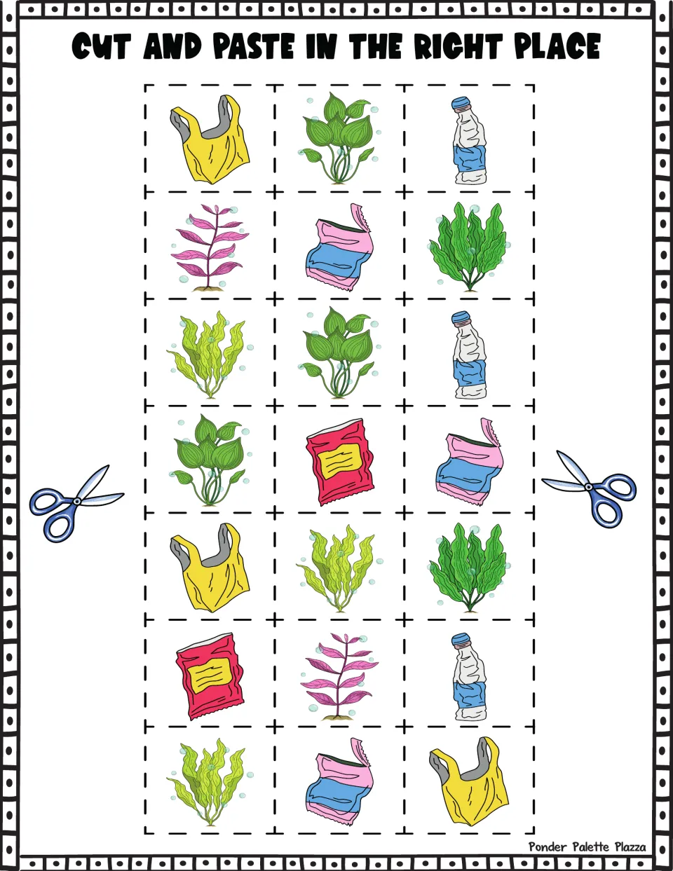 Cutout sheet for swamp cleanup sorting: 21 pictures of plants, plastic bags, bottles, and food wrappers.