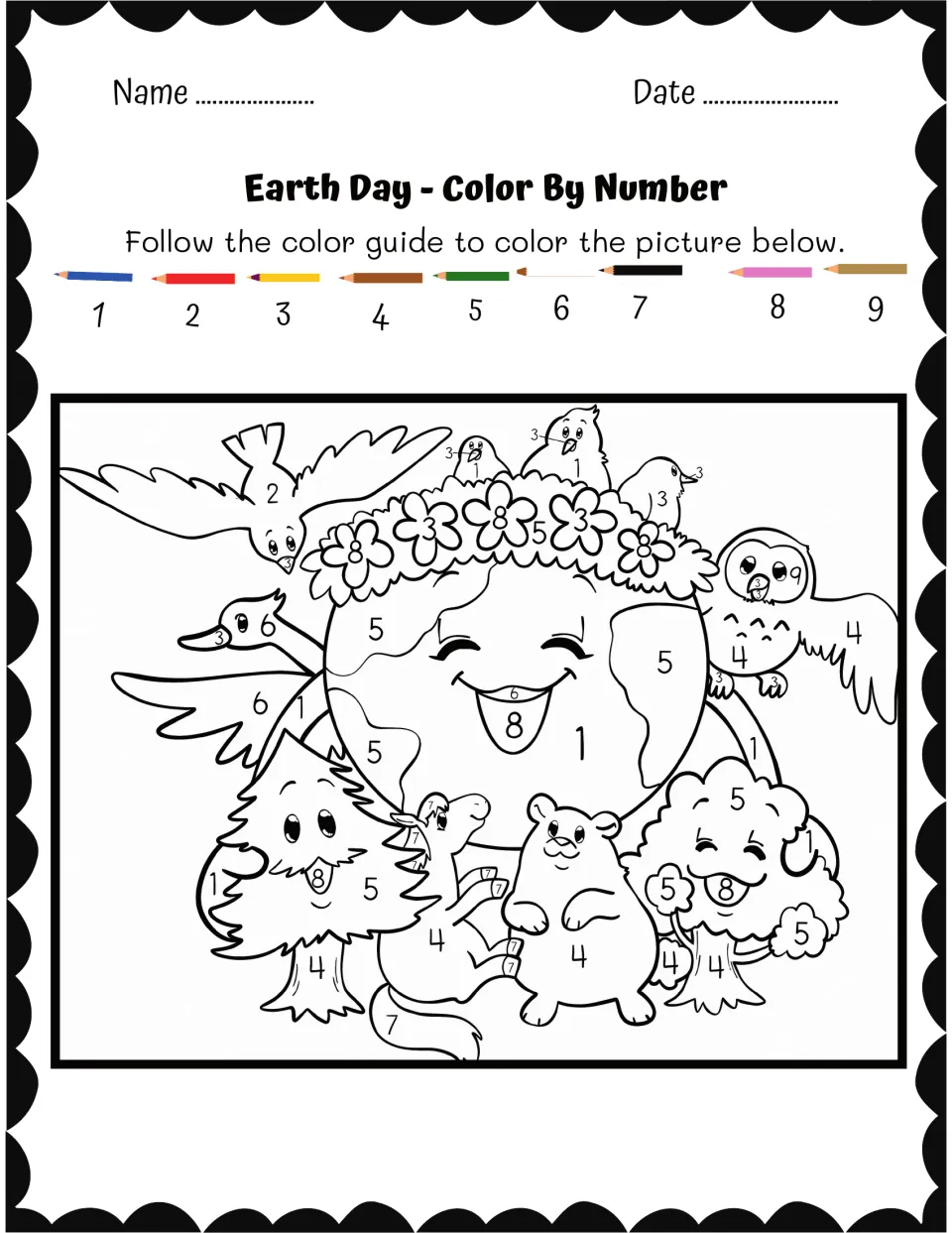 Earth Day color-by-number activity featuring a smiling globe surrounded by animals, trees, and flowers.