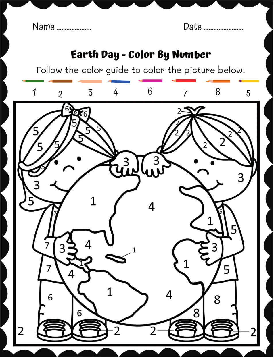 Earth Day number–color matching sheet showing two children holding a globe, with numbered land and water.