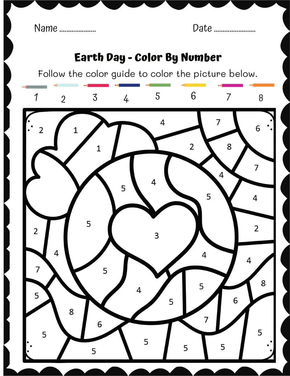 Earth Day color-by-number sheet featuring a globe with a central heart labeled 3 and a color guide for 1–8.