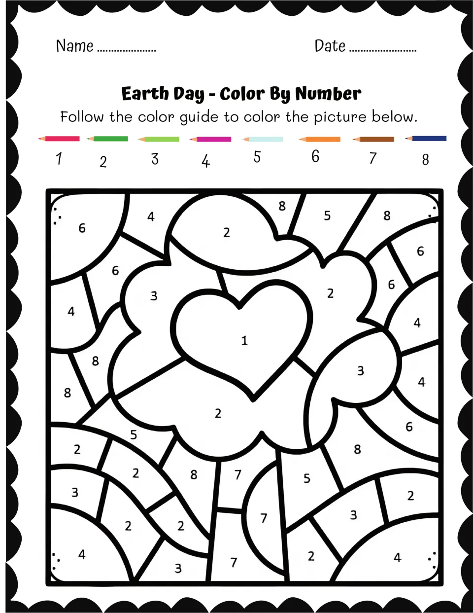 Earth Day color-by-number sheet showing a leafy tree with a heart labeled 1 and numbered trunk sections.
