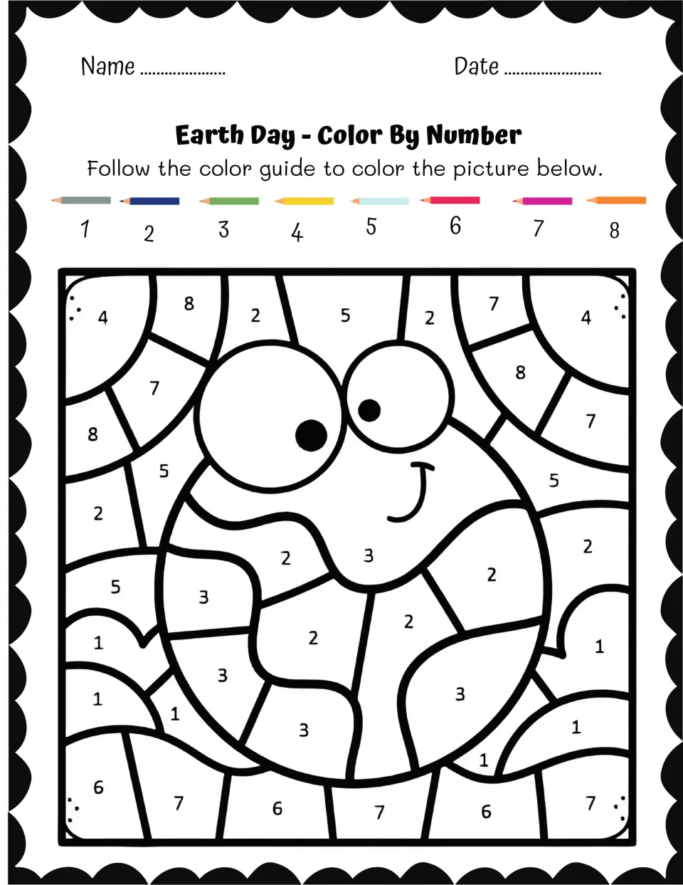 Earth Day color-by-number sheet featuring a smiling globe with large eyes, land labeled 3, and water labeled 2.