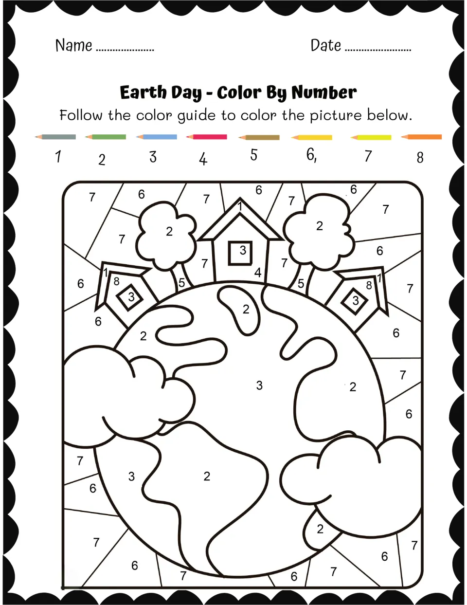 Earth Day color-by-number sheet showing a globe beneath three houses and two trees, with clouds beside it.