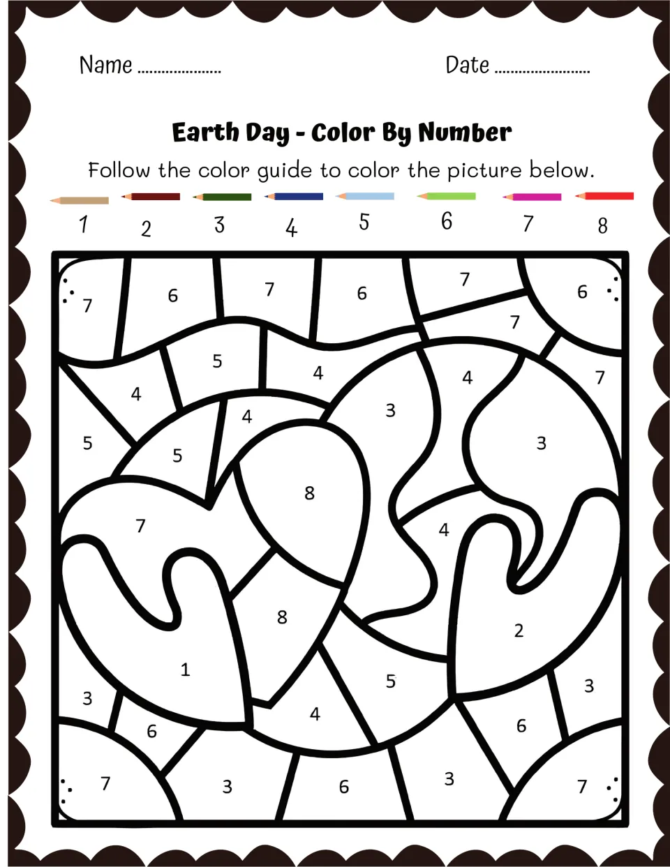 Earth Day color-by-number sheet featuring hands holding a heart and a globe, with a color guide for 1–8.