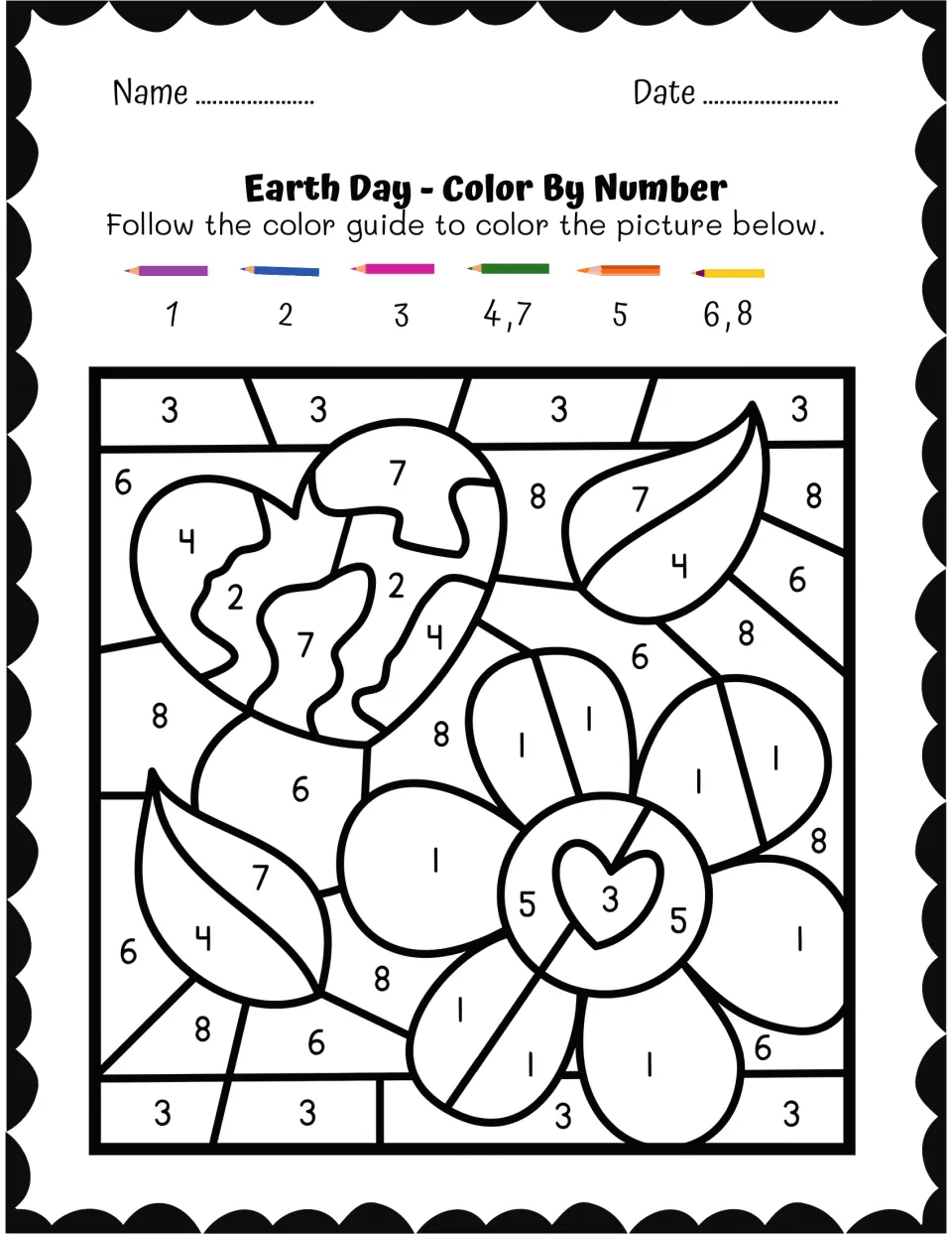 Earth Day color-by-number sheet showing a heart-shaped Earth, two leaves, and a flower with a heart center.