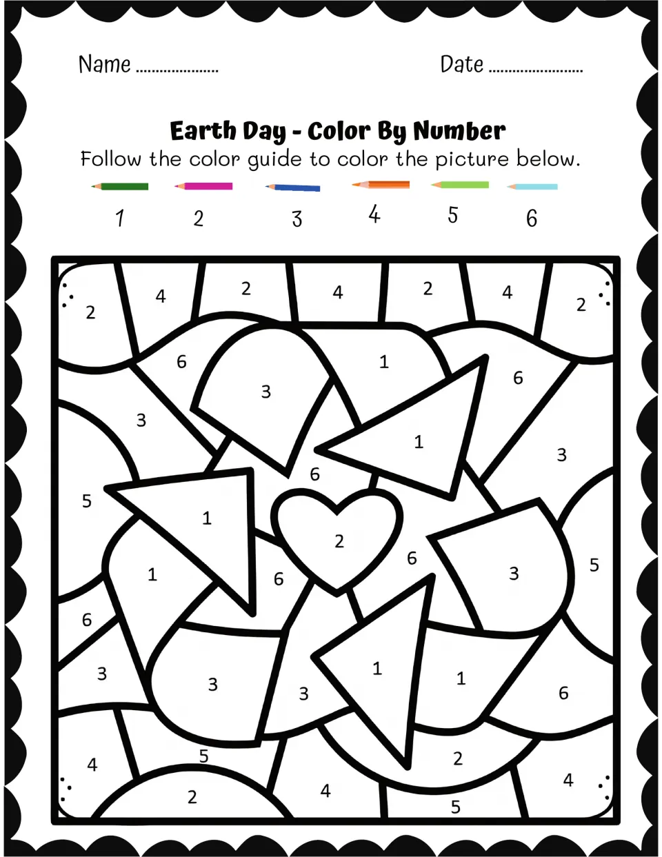 Earth Day color-by-number sheet featuring three recycling arrows around a heart and a color guide for 1–6.