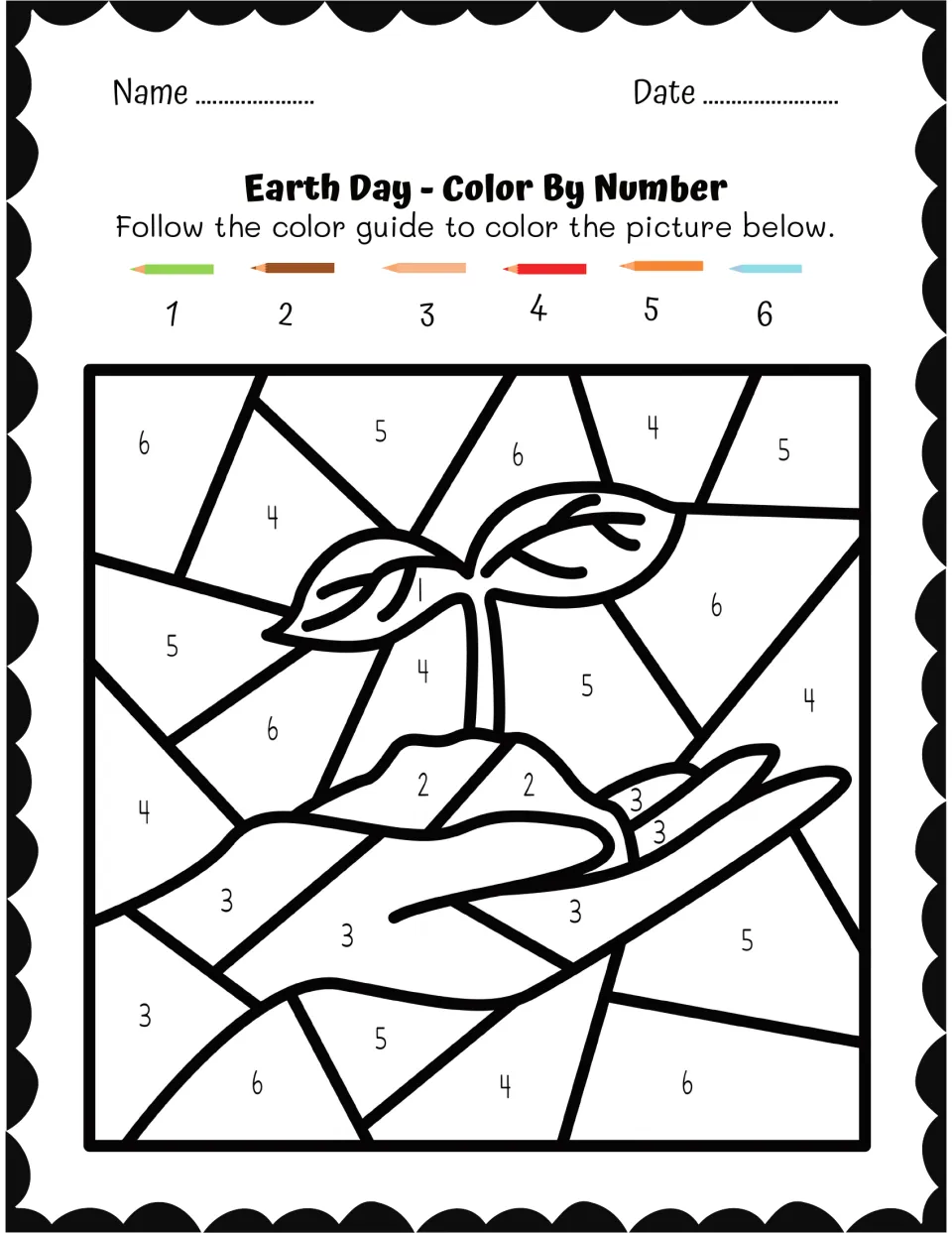 Earth Day color-by-number sheet showing a hand holding soil and a two-leaf seedling, using numbers 1–6.