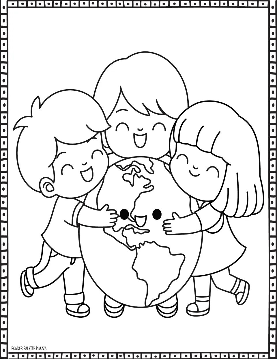 Earth Day coloring page showing three smiling children hugging a globe with a face and visible continents