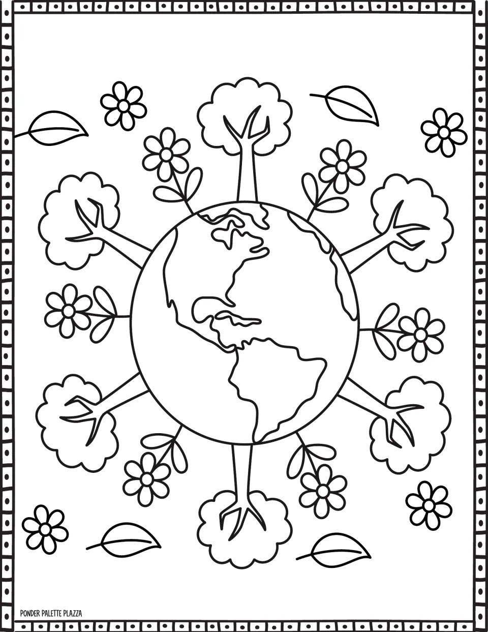 Earth Day coloring page featuring a globe surrounded by trees and flowers, with North and South America