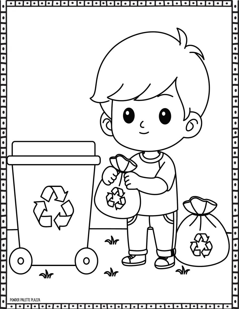 Earth Day coloring page showing a child holding a recycling bag beside a wheeled bin and a second bag
