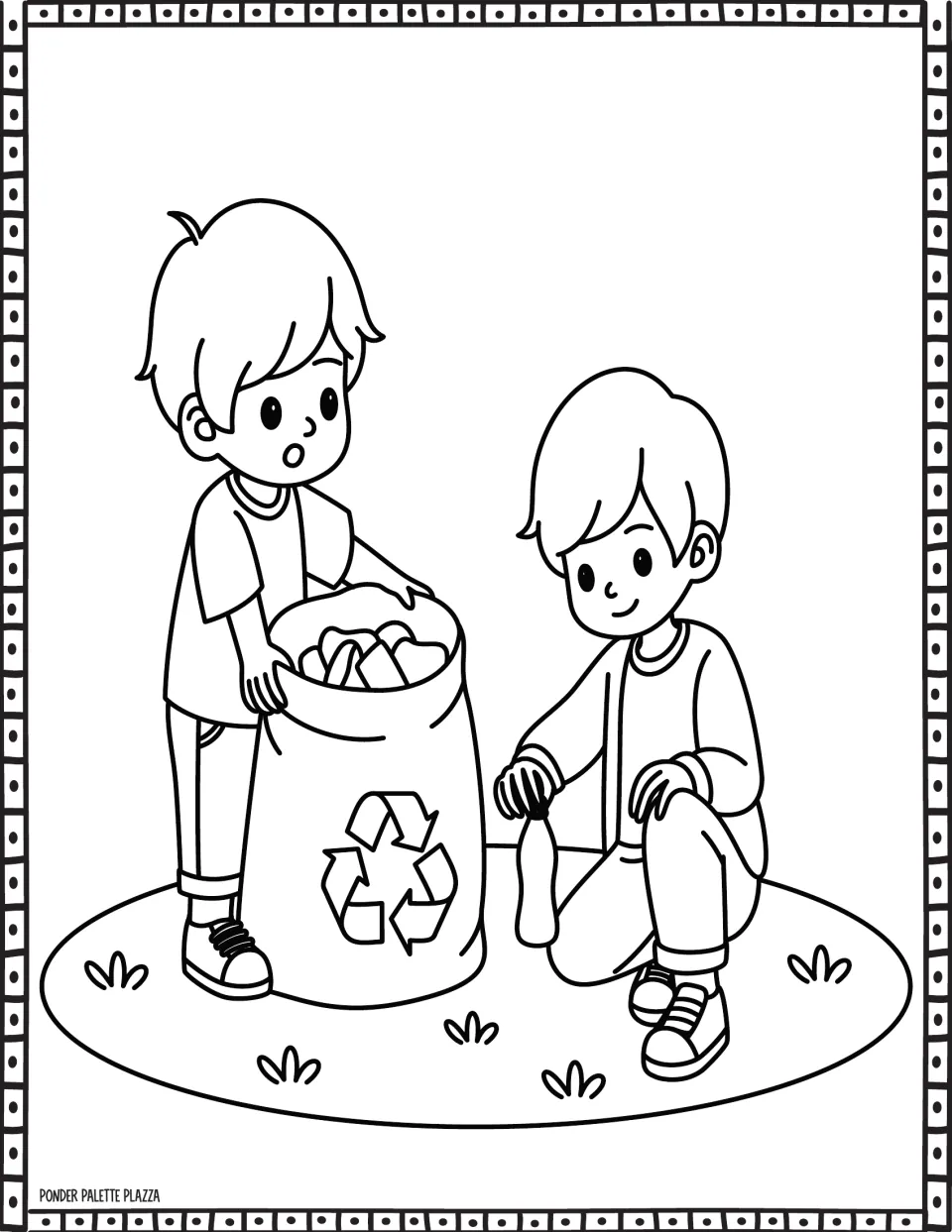 Earth Day coloring page showing two children collecting litter, one holding a bottle beside a recycling sack