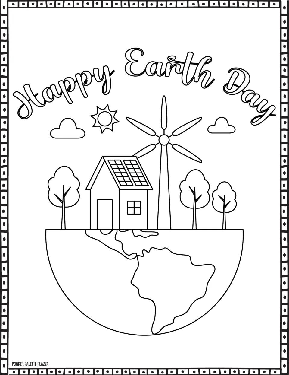 Earth Day coloring page reading 'Happy Earth Day' above a solar-paneled house and wind turbine on a globe