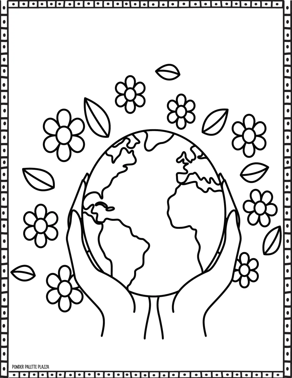 Earth Day coloring page showing two hands holding a globe, with flowers and leaves surrounding the planet