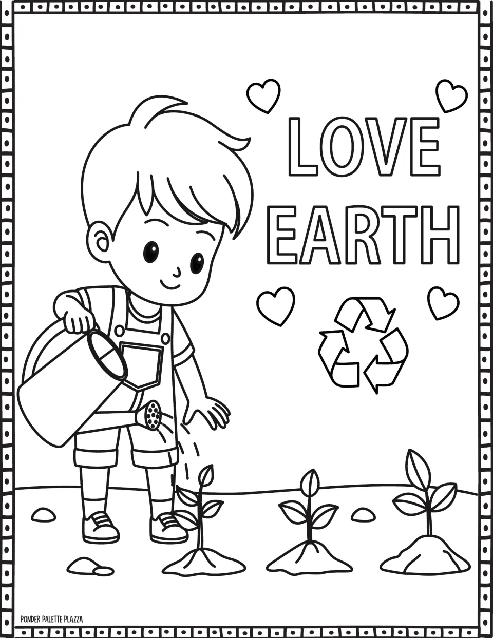 Earth Day coloring page reading 'LOVE EARTH' with a child watering three seedlings and a recycling symbol