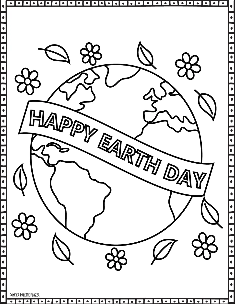 Earth Day coloring page featuring a globe crossed by a 'HAPPY EARTH DAY' banner, surrounded by flowers