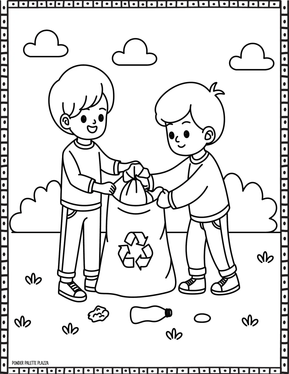 Earth Day coloring page showing two children putting a tied bag into a recycling sack, with litter nearby