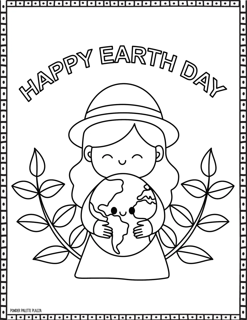 Earth Day coloring page reading 'HAPPY EARTH DAY' above a child wearing a hat and holding a smiling globe