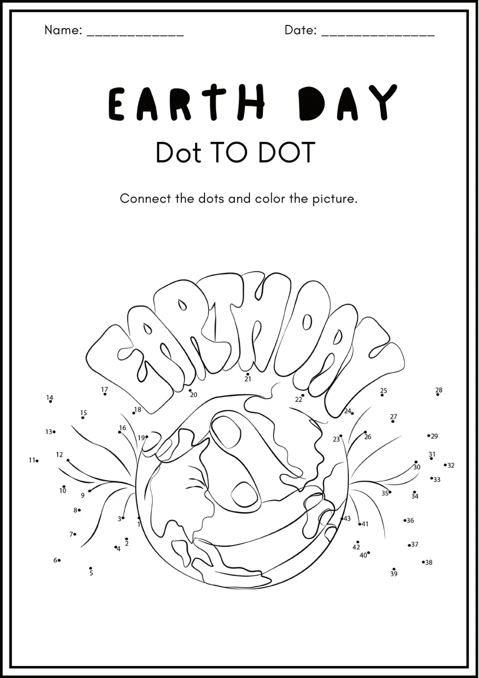 Earth Day globe under bubble-letter EARTH DAY: students join dots 1 to 43 in number order, then color the picture