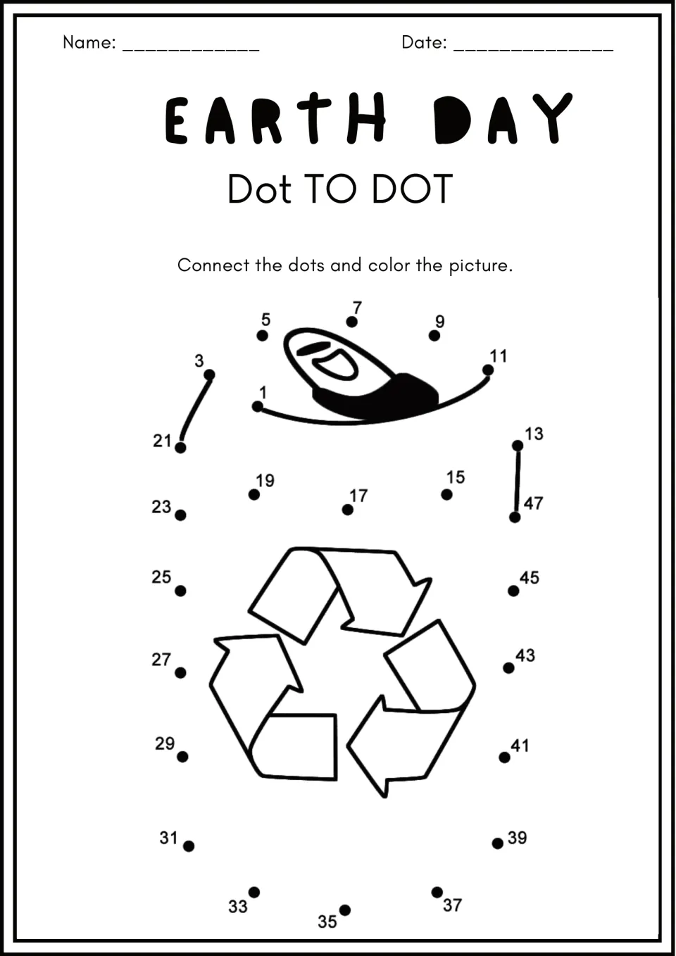 Recycling symbol dot-to-dot: students count and connect dots 1 to 47 to draw the container shape around it, then color