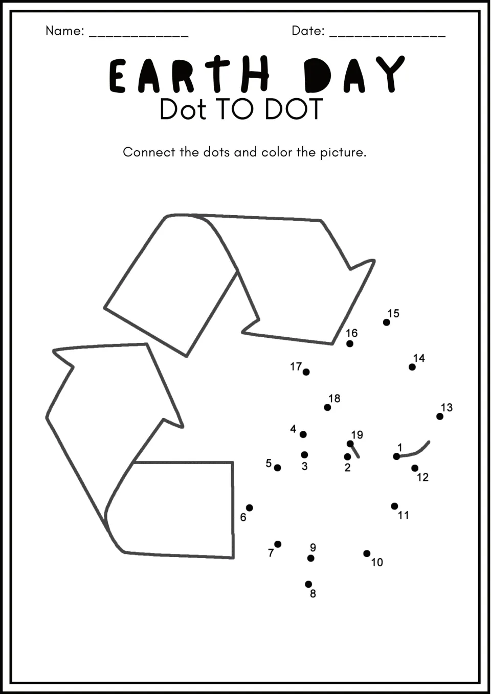 Unfinished recycling symbol: students connect dots 1 to 19 to draw the missing third arrow, then color