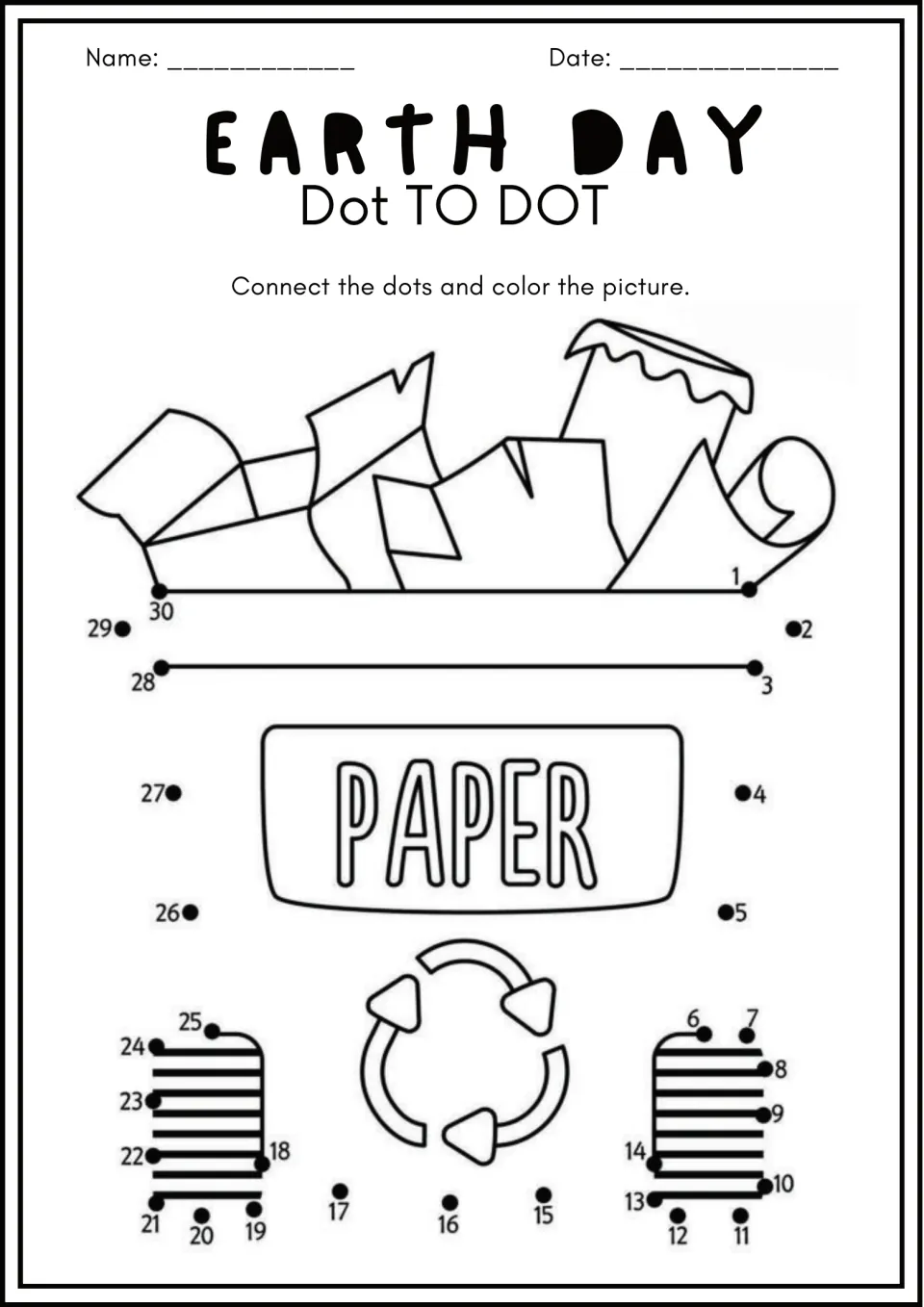 Paper recycling bin labeled PAPER: students connect dots 1 to 30 to outline the bin full of paper, then color it in