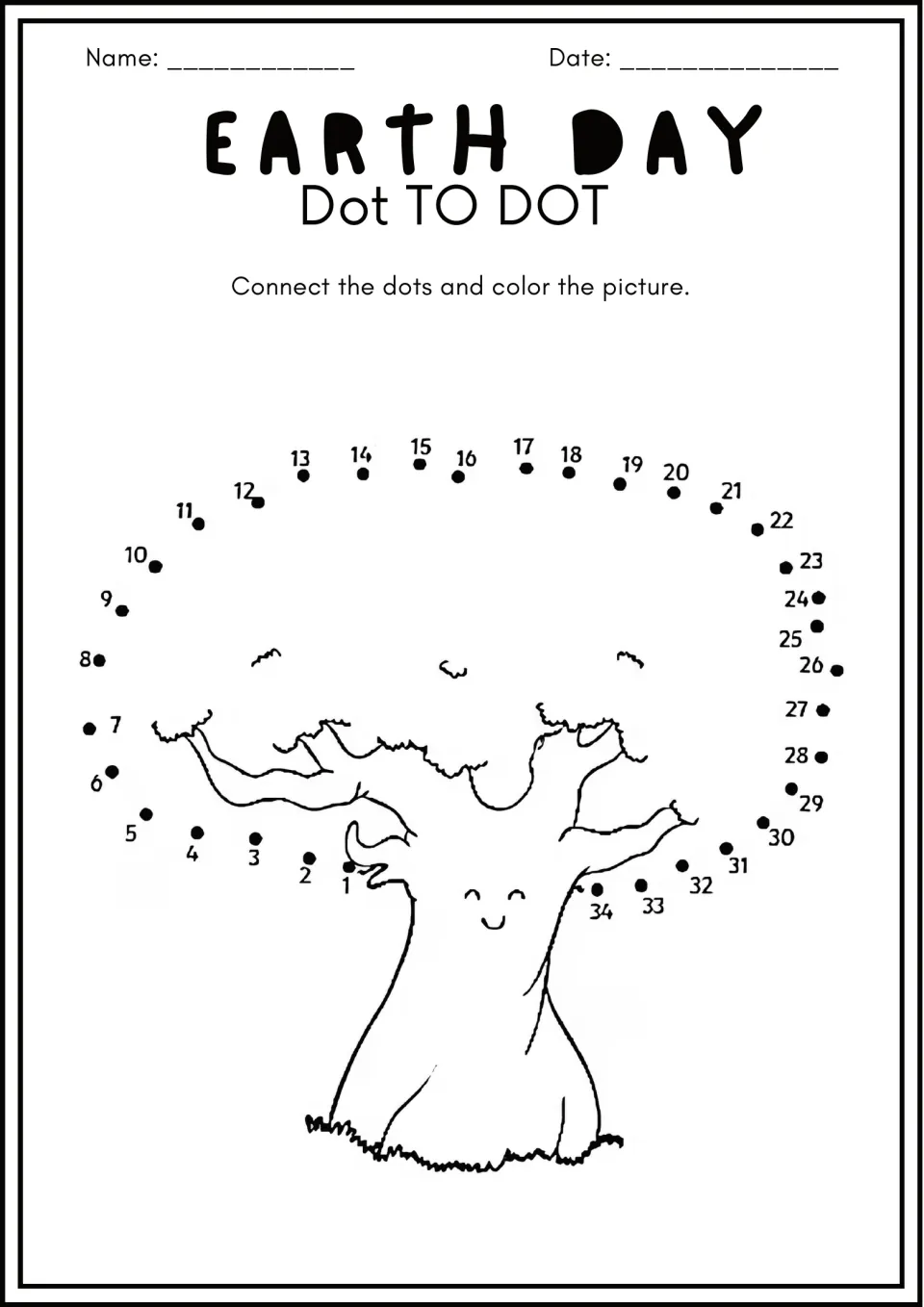 Smiling tree picture: students count from 1 to 34, joining the dots to draw the round treetop, then color the tree