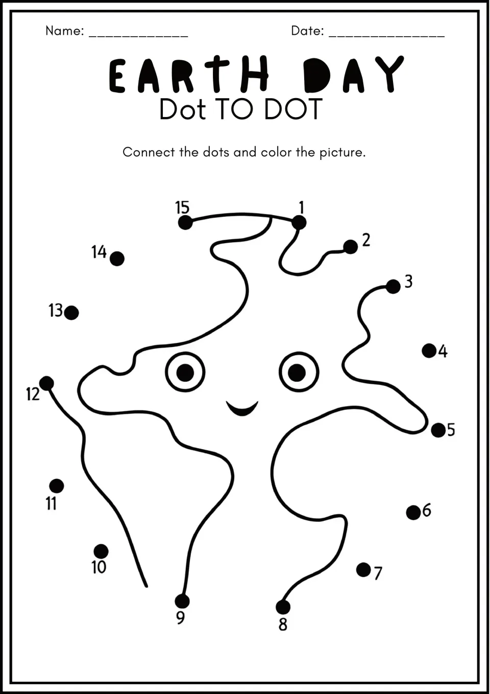 Smiling planet Earth: students connect dots 1 to 15 to draw the round outline around the face and continents, then color
